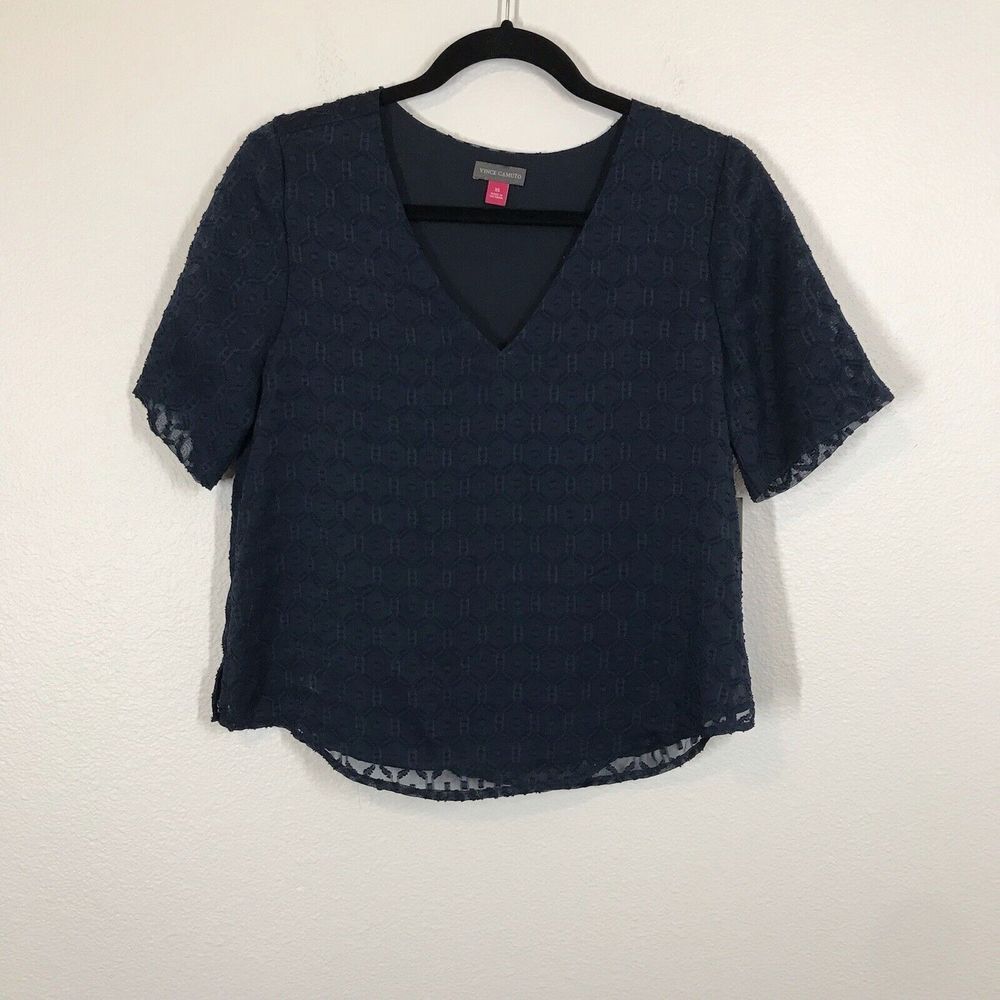 Vince Camuto Women's Blue Mosaic Seas Blouse Size XS Short Sleeve V Neck Top